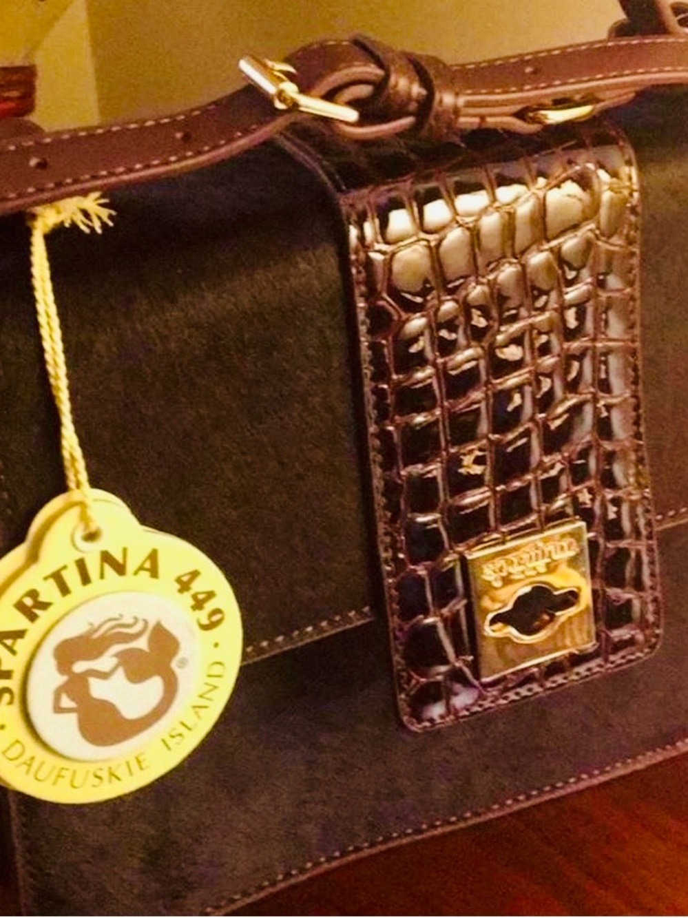 Spartina 449 Croc Shoulder Bag in dark brown with gold-tone hardware.